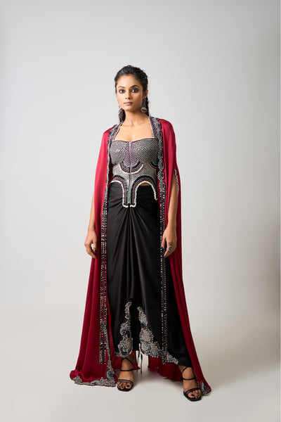 Nupur Kanoi Burgundy Slit Cape And Skirt Set indian designer wear online shopping melange singapore