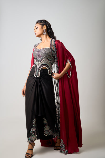 Nupur Kanoi Burgundy Slit Cape And Skirt Set indian designer wear online shopping melange singapore