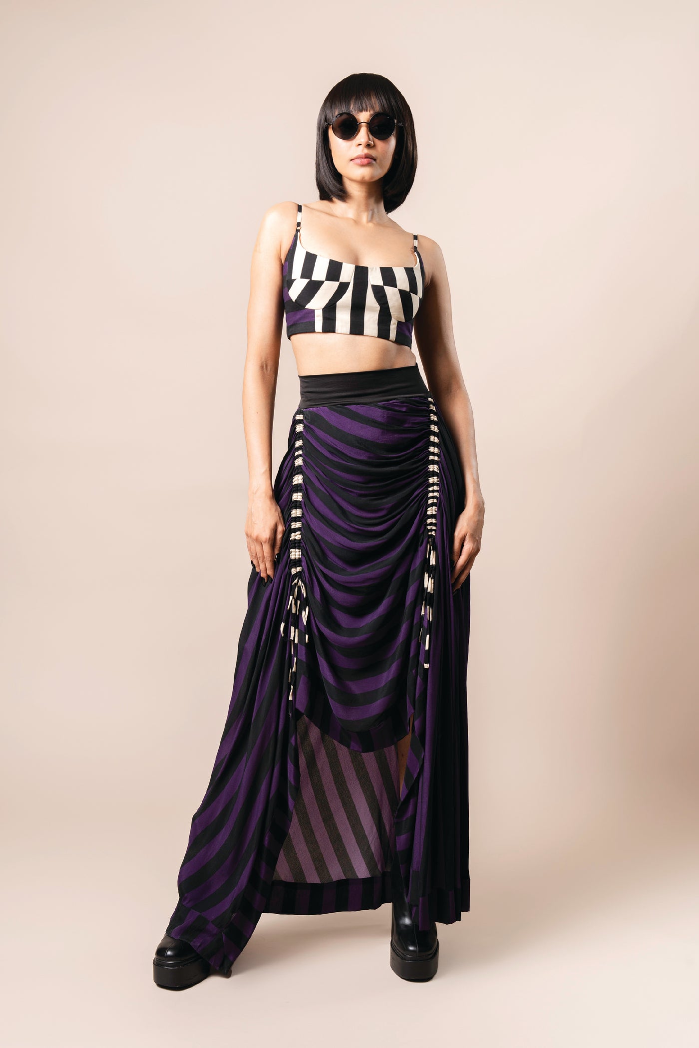 Nupur Kanoi Bustier With Circular Gather Skirt Aubergine indian designer wear online shopping melange singapore