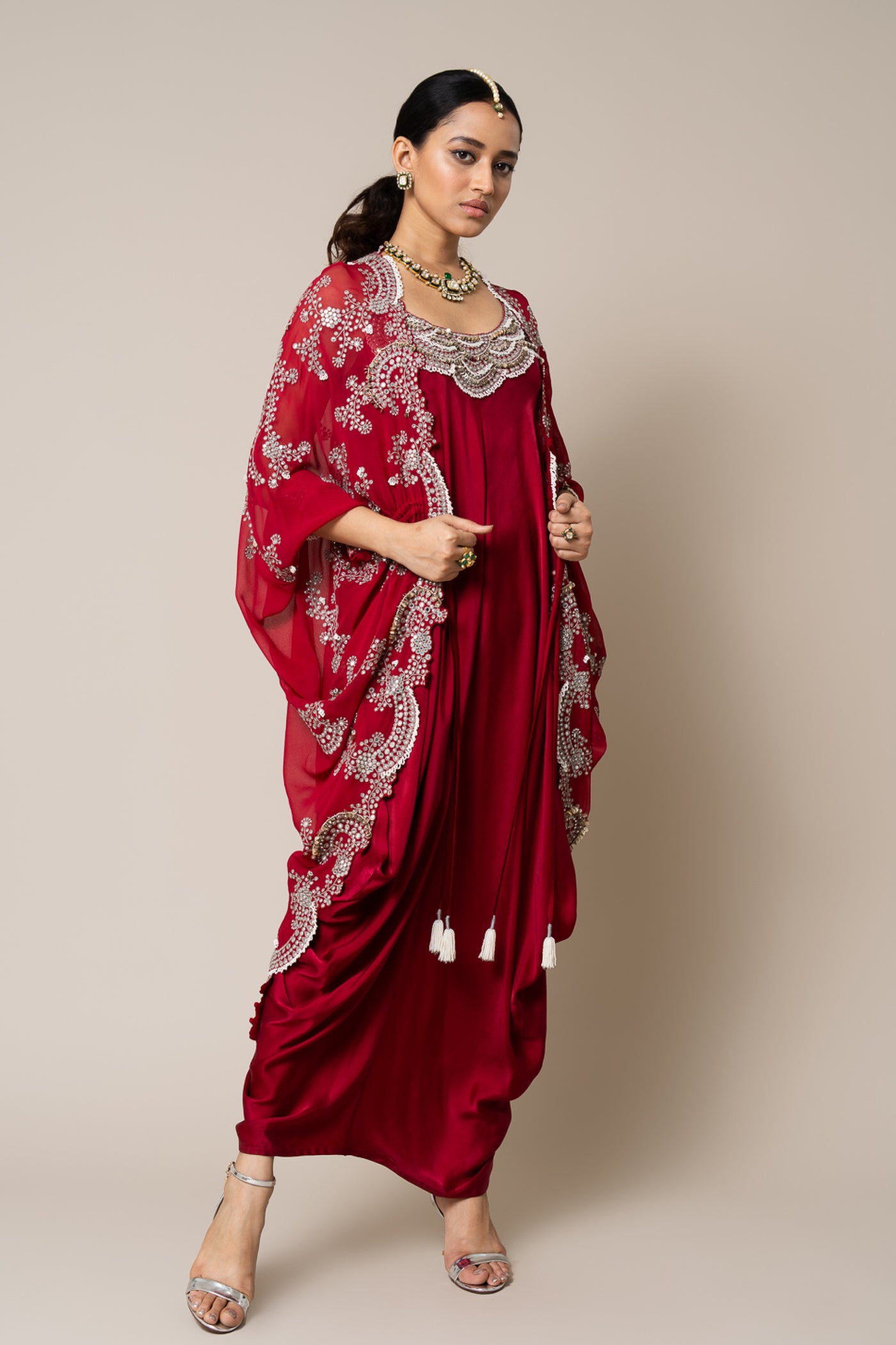 Nupur Kanoi Cape And Dress Set Burgundy indian designer wear online shopping melange singapore