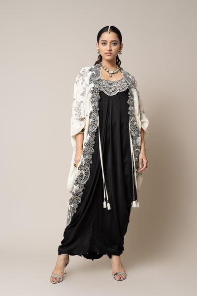 Nupur Kanoi Cape And Dress Set Off White And Black indian designer wear online shopping melange singapore
