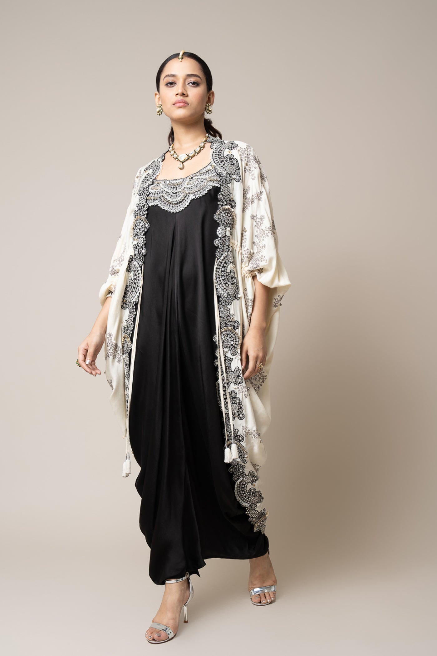 Nupur Kanoi Cape And Dress Set Off White And Black indian designer wear online shopping melange singapore