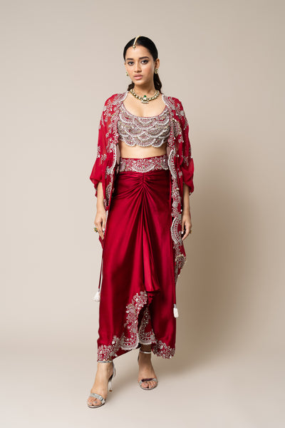 Nupur Kanoi Cape With Blouse And Skirt Burgundy Set indian designer wear online shopping melange singapore