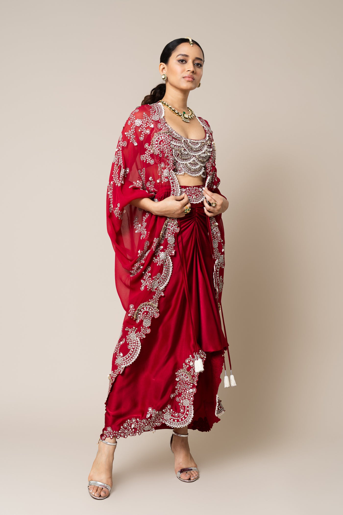 Nupur Kanoi Cape With Blouse And Skirt Burgundy Set indian designer wear online shopping melange singapore