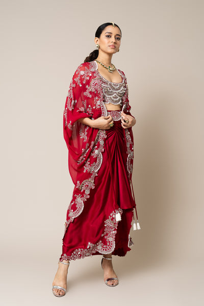 Nupur Kanoi Cape With Blouse And Skirt Burgundy Set indian designer wear online shopping melange singapore
