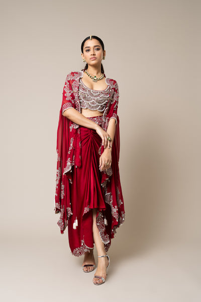 Nupur Kanoi Cape With Blouse And Skirt Set Burgundy indian designer wear online shopping melange singapore