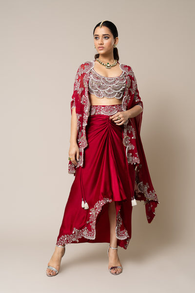 Nupur Kanoi Cape With Blouse And Skirt Set Burgundy indian designer wear online shopping melange singapore