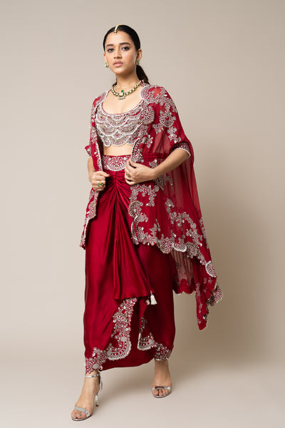 Nupur Kanoi Cape With Blouse And Skirt Set Burgundy indian designer wear online shopping melange singapore