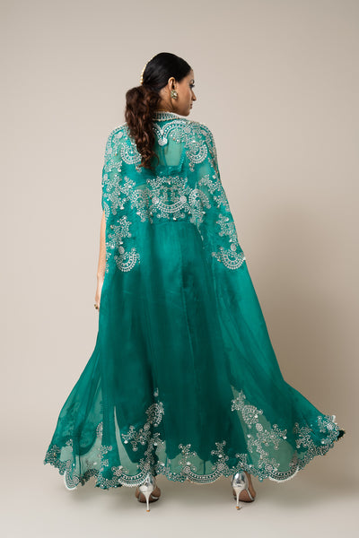 Nupur Kanoi Cape With Blouse And Skirt Set Sea Green indian designer wear online shopping melange singapore