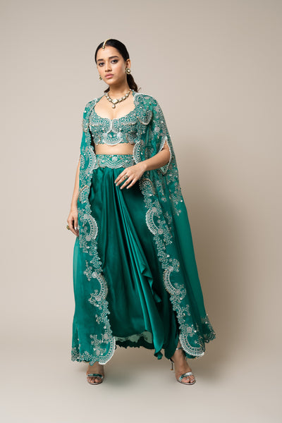 Nupur Kanoi Cape With Blouse And Skirt Set Sea Green indian designer wear online shopping melange singapore