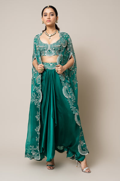 Nupur Kanoi Cape With Blouse And Skirt Set Sea Green indian designer wear online shopping melange singapore