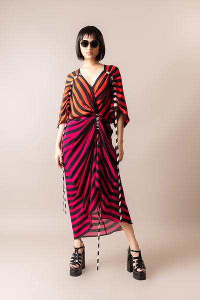 Nupur Kanoi Gather Dress Tangerine And Magenta indian designer wear online shopping melange singapore