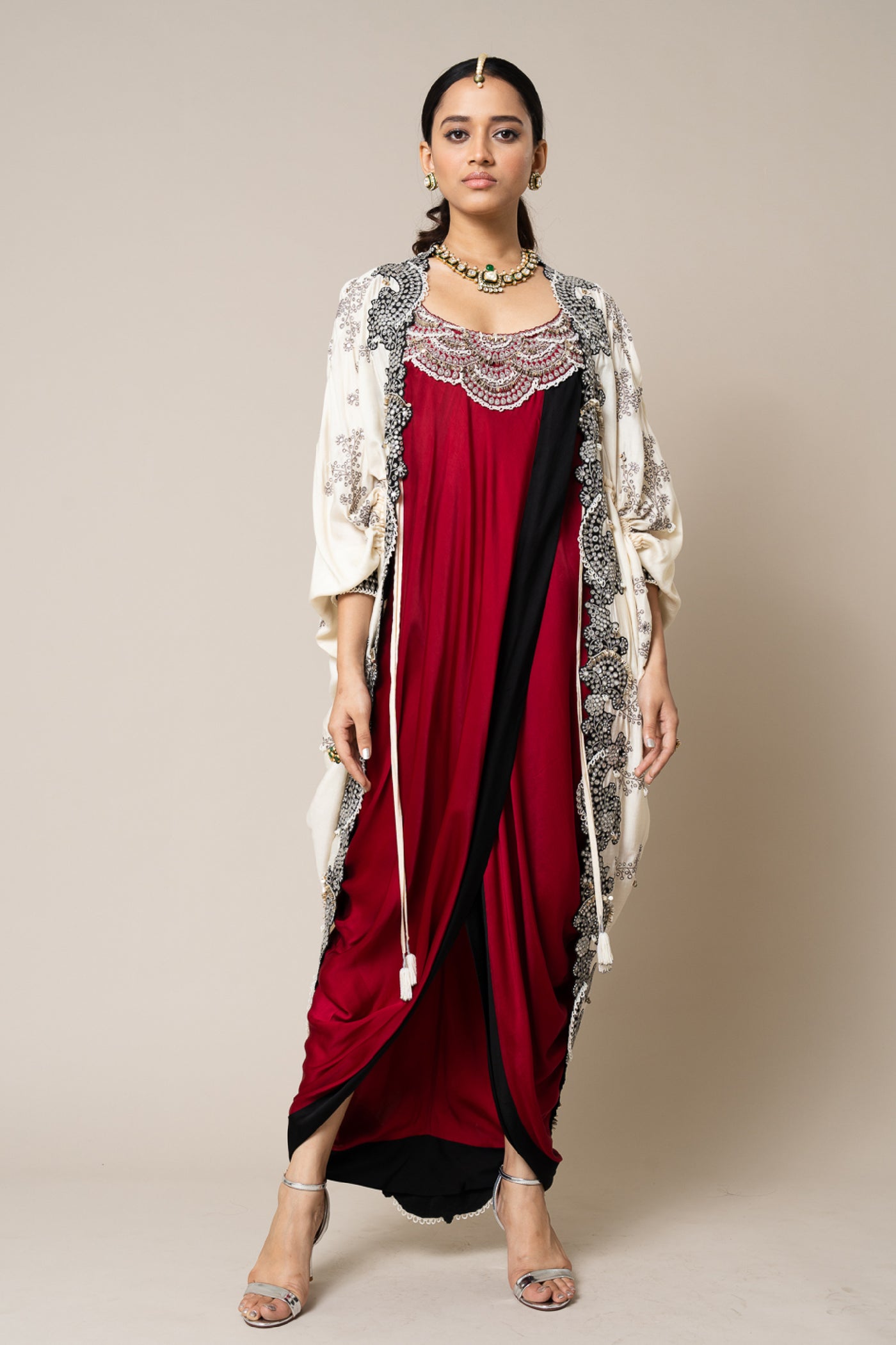 Nupur Kanoi Gather Kite And Dress Set Off White And Burgundy indian designer wear online shopping melange singapore