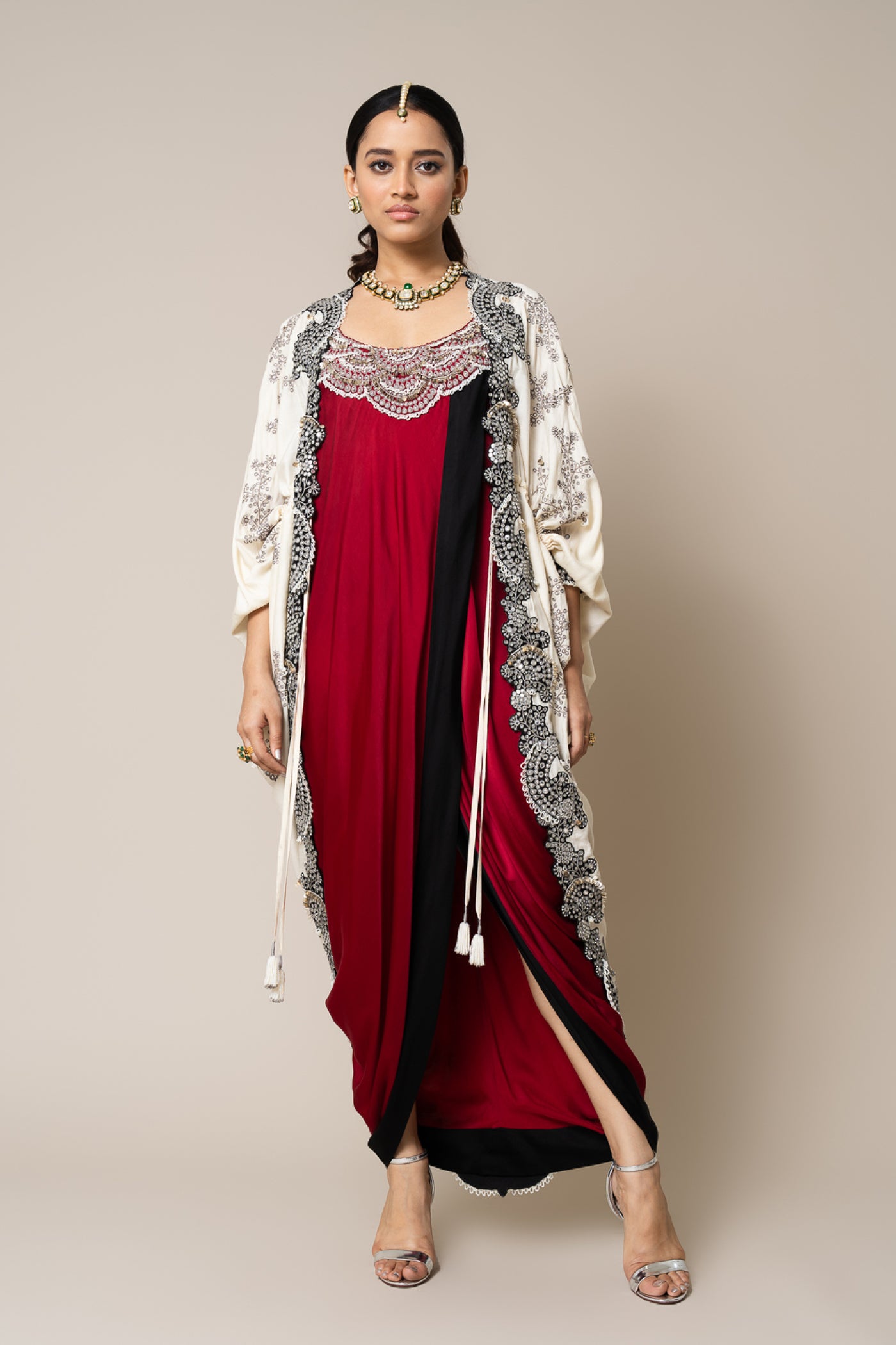Nupur Kanoi Gather Kite And Dress Set Off White And Burgundy indian designer wear online shopping melange singapore