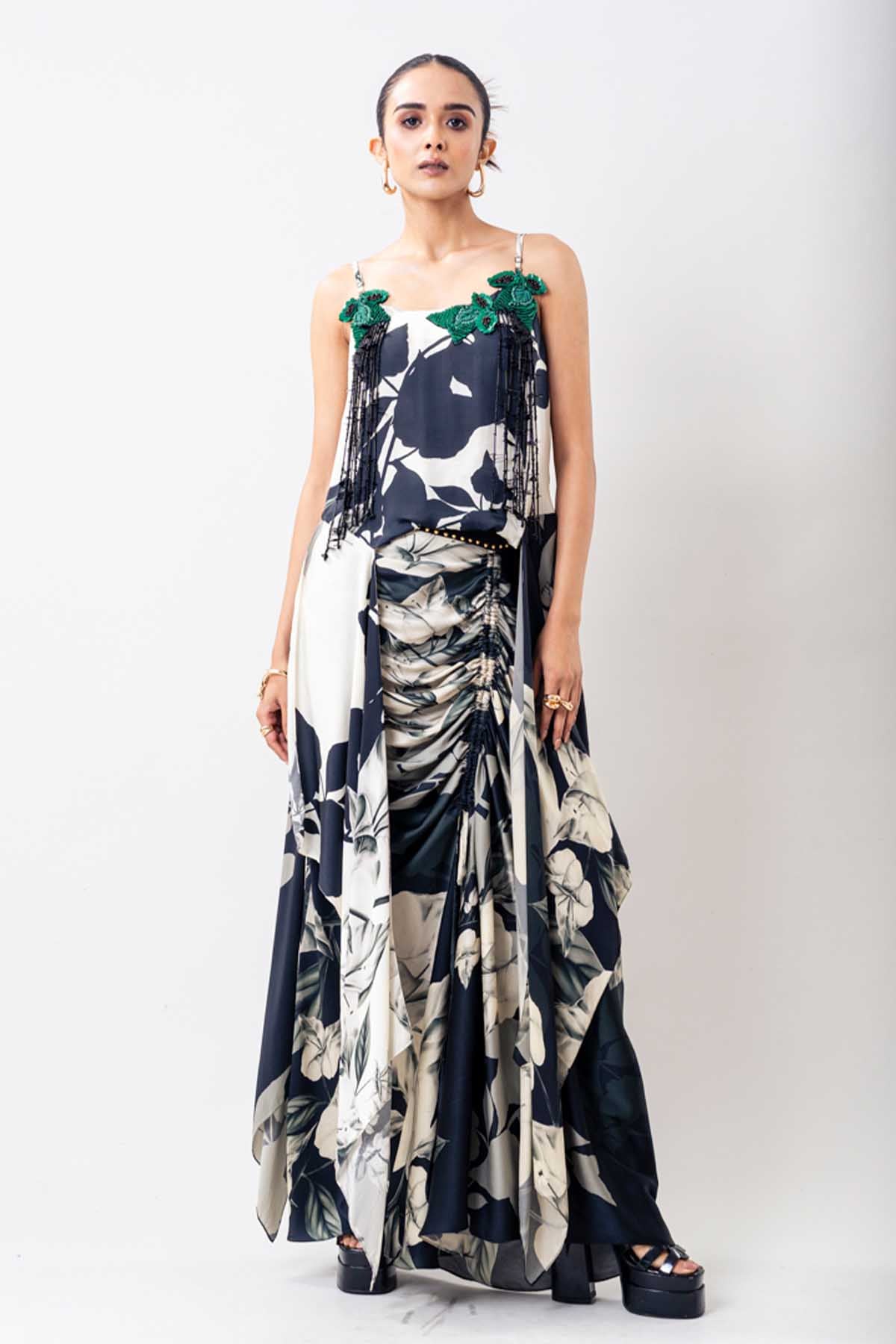 Nupur Kanoi Gather Singlet Green Applique Skirt Set indian designer wear online shopping melange singapore 