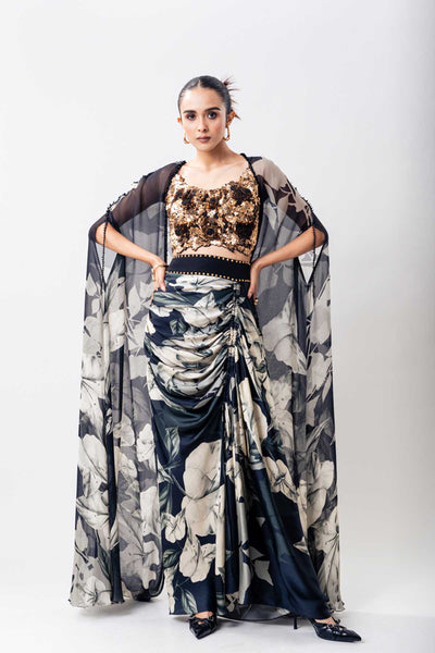 Nupur Kanoi Gold Strappy Cape Skirt Set indian designer wear online shopping melange singapore 

