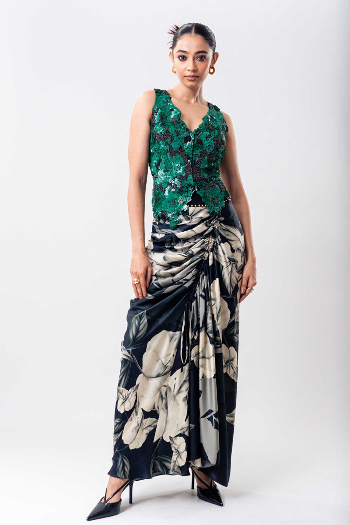 Nupur Kanoi Green Swirl Waistcoat Top Skirt Set indian designer wear online shopping melange singapore 