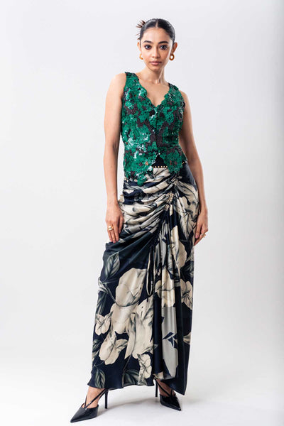 Nupur Kanoi Green Swirl Waistcoat Top Skirt Set indian designer wear online shopping melange singapore 