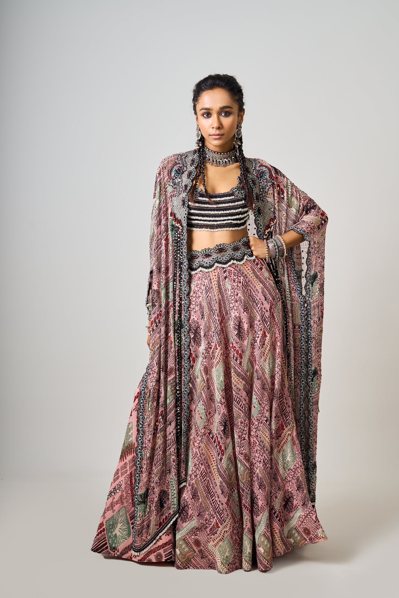 Hand-Embroidered Kaftan Jacket And Lehenga Set