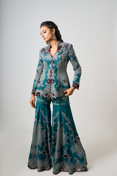 Nupur Kanoi Hand-Embroidered Peplum Jacket Gharara Set indian designer wear online shopping melange singapore