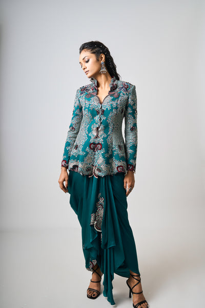 Nupur Kanoi Hand-Embroidered Peplum Jacket Skirt Set indian designer wear online shopping melange singapore

