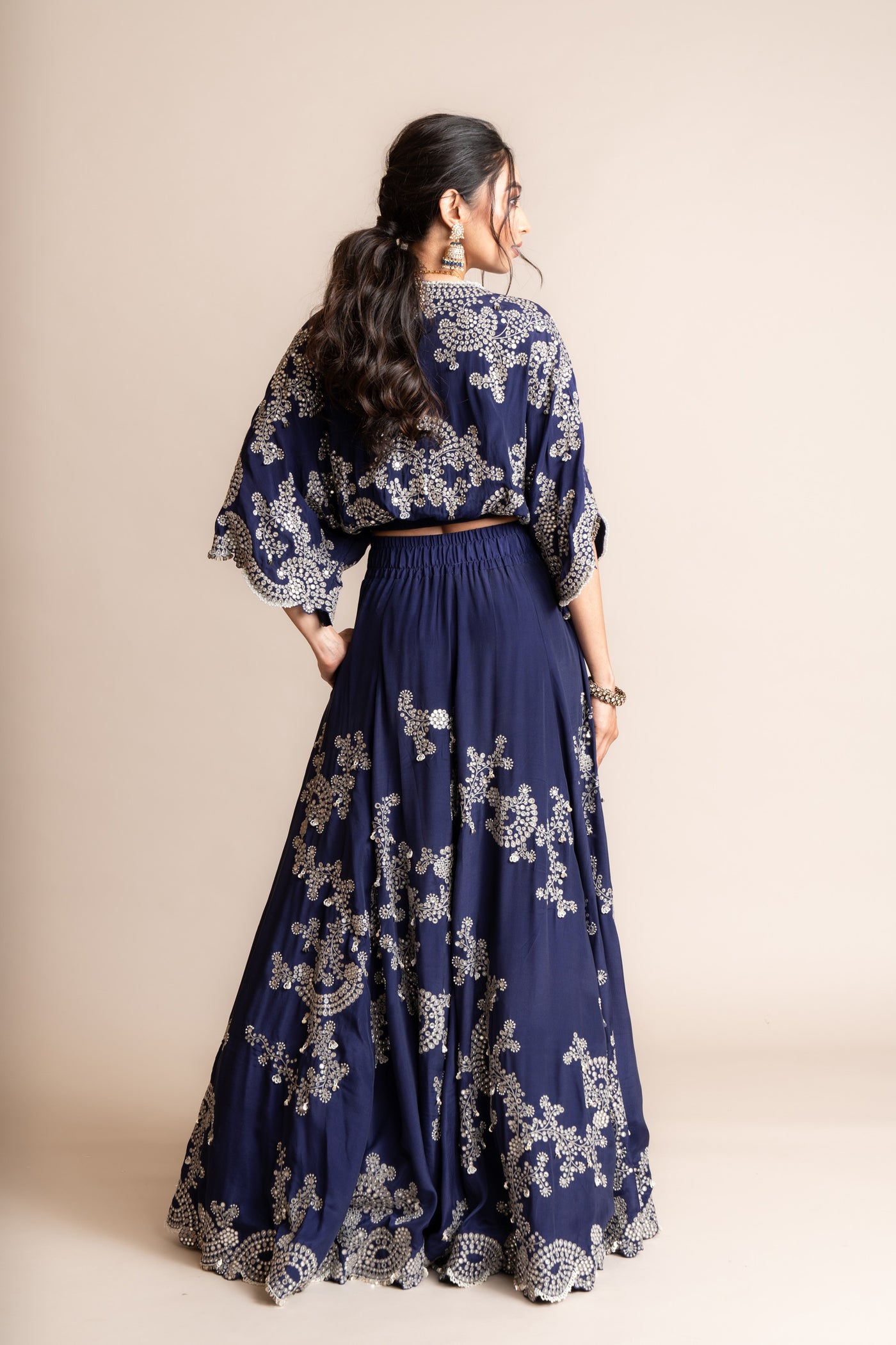 Nupur Kanoi Kaftan Top And Lehenga Set Navy indian designer wear online shopping melange singapore