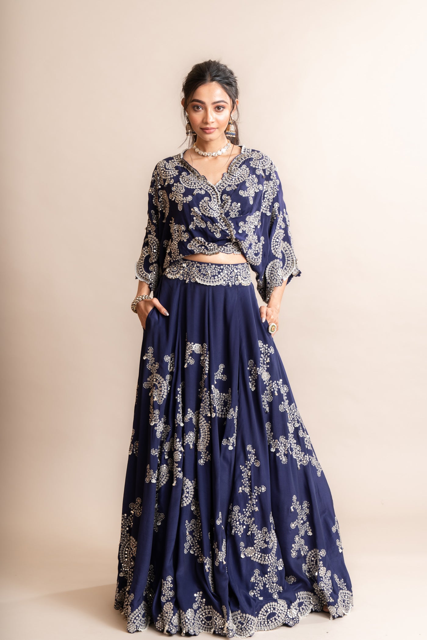 Nupur Kanoi Kaftan Top And Lehenga Set Navy indian designer wear online shopping melange singapore