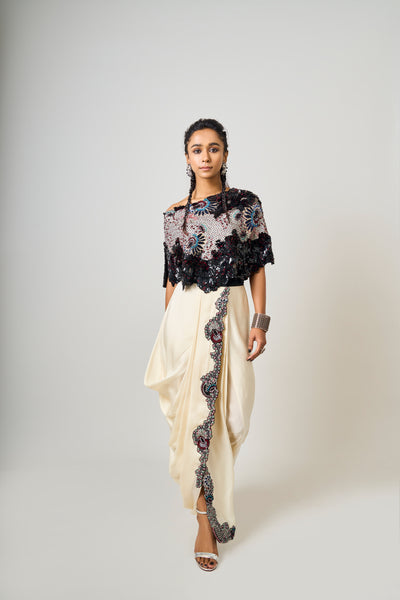 Nupur Kanoi Off-Shoulder Cape With Off-White Sari Skirt Set indian designer wear online shopping melange singapore