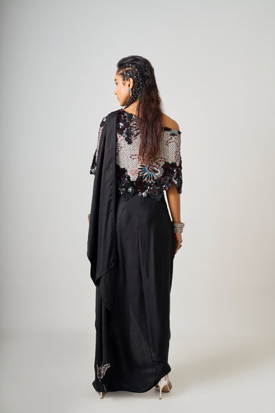 Nupur Kanoi Off-Shoulder Cape With Sari Skirt Set indian designer wear online shopping melange singapore