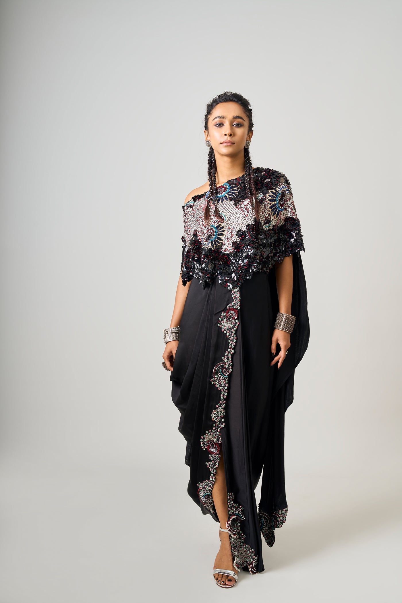 Nupur Kanoi Off-Shoulder Cape With Sari Skirt Set indian designer wear online shopping melange singapore
