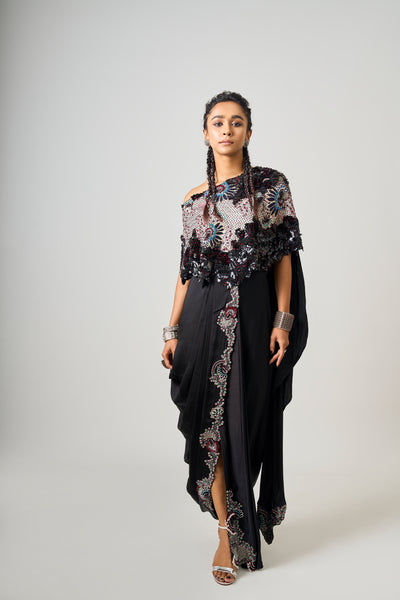 Nupur Kanoi Off-Shoulder Cape With Sari Skirt Set indian designer wear online shopping melange singapore