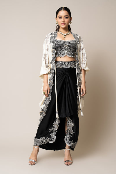 Nupur Kanoi Off White And Black Cape With Bustier And Skirt Set indian designer wear online shopping melange singapore