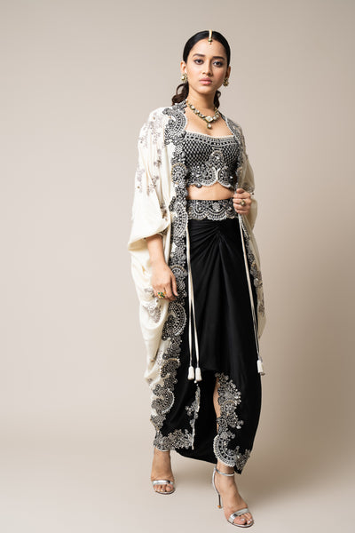 Nupur Kanoi Off White And Black Cape With Bustier And Skirt Set indian designer wear online shopping melange singapore