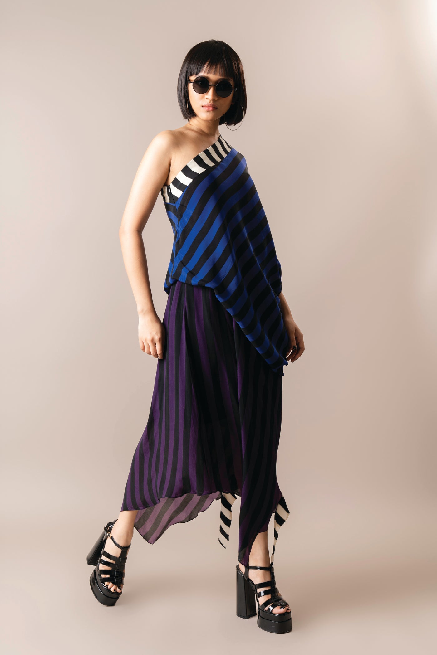 Nupur Kanoi One Shoulder Sack Dress Cobalt And Aubergine indian designer wear online shopping melange singapore