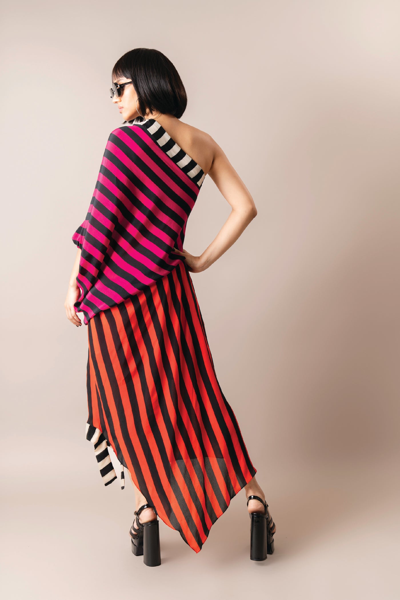 Nupur Kanoi One Shoulder Sack Dress Magenta And Tangerine indian designer wear online shopping melange singapore