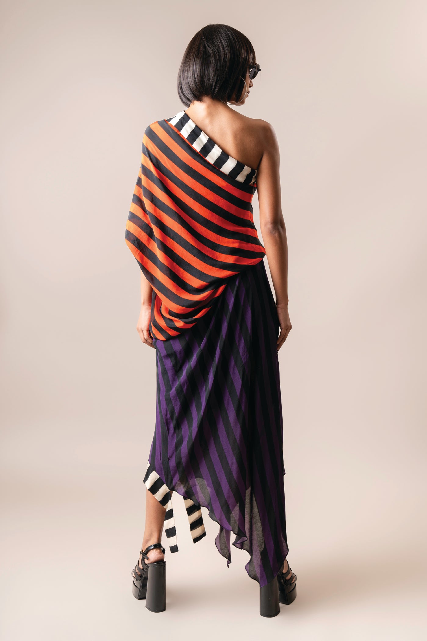 Nupur Kanoi One Shoulder Sack Dress Tangerine And Aubergine indian designer wear online shopping melange singapore