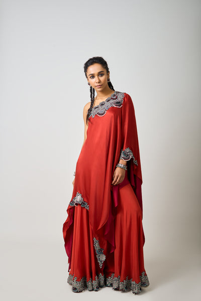 Nupur Kanoi Orange Double Layer One Shoulder Cape With Gharara Set indian designer wear online shopping melange singapore
