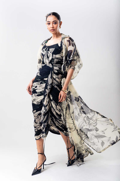 Nupur Kanoi Organza Jacket Dress With Cape Set indian designer wear online shopping melange singapore 
