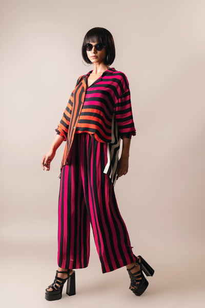 Nupur Kanoi Pleated Shirt With Pyjama Tangerine And Magenta indian designer wear online shopping melange singapore