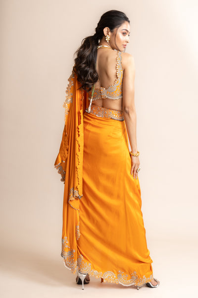 Nupur Kanoi Pre Draped Sari Set Orange indian designer wear online shopping melange singapore