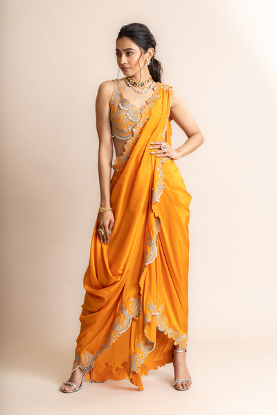 Nupur Kanoi Pre Draped Sari Set Orange indian designer wear online shopping melange singapore