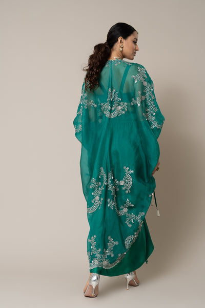 Nupur Kanoi Sea Green Cape With Blouse And Skirt Set indian designer wear online shopping melange singapore
