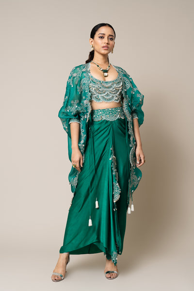 Nupur Kanoi Sea Green Cape With Blouse And Skirt Set indian designer wear online shopping melange singapore