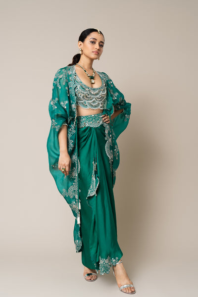 Nupur Kanoi Sea Green Cape With Blouse And Skirt Set indian designer wear online shopping melange singapore