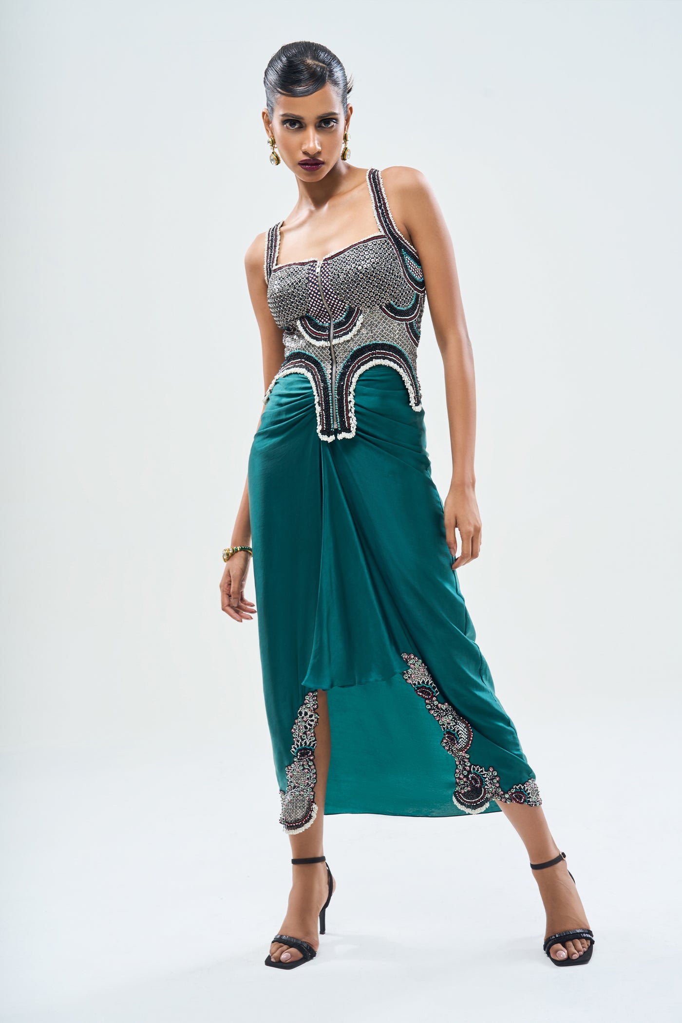 Nupur Kanoi Teal Pick Up Skirt Set indian designer wear online shopping melange singapore
