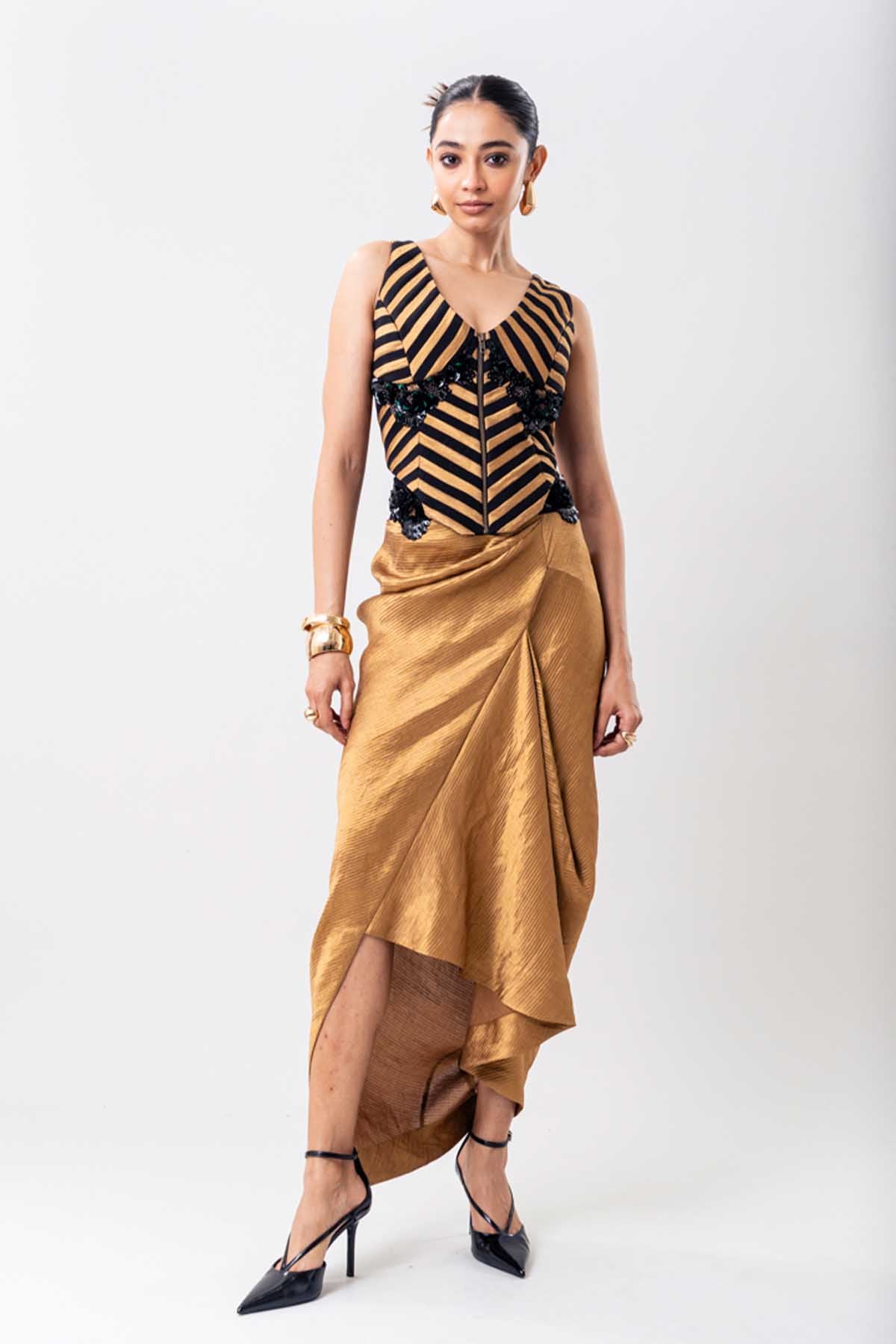 Nupur Kanoi Top Gold Skirt Set indian designer wear online shopping melange singapore 