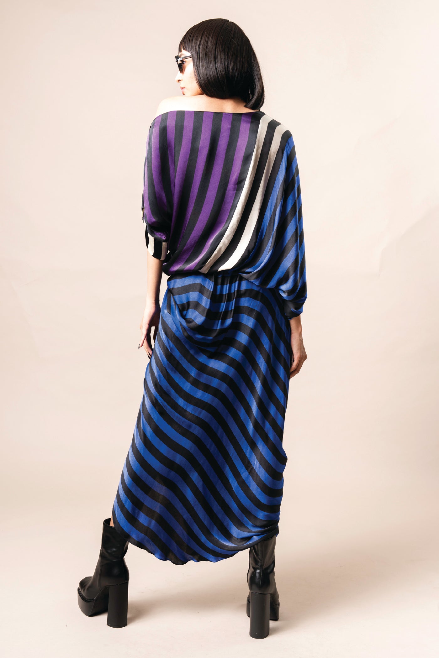 Nupur Kanoi Top With Gather Cowl Skirt Cobalt And Aubergine indian designer wear online shopping melange singapore