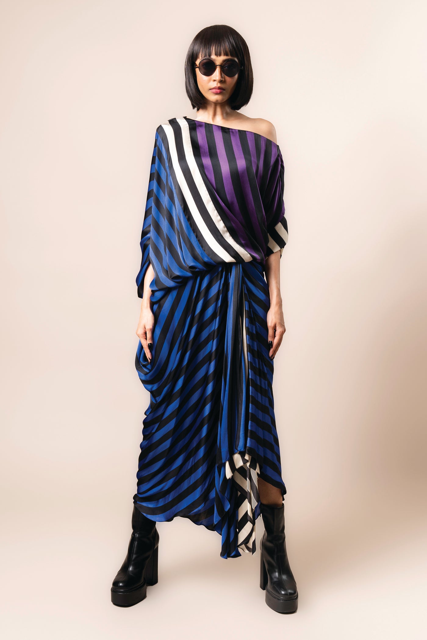 Nupur Kanoi Top With Gather Cowl Skirt Cobalt And Aubergine indian designer wear online shopping melange singapore