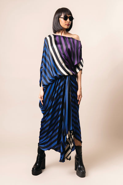 Nupur Kanoi Top With Gather Cowl Skirt Cobalt And Aubergine indian designer wear online shopping melange singapore