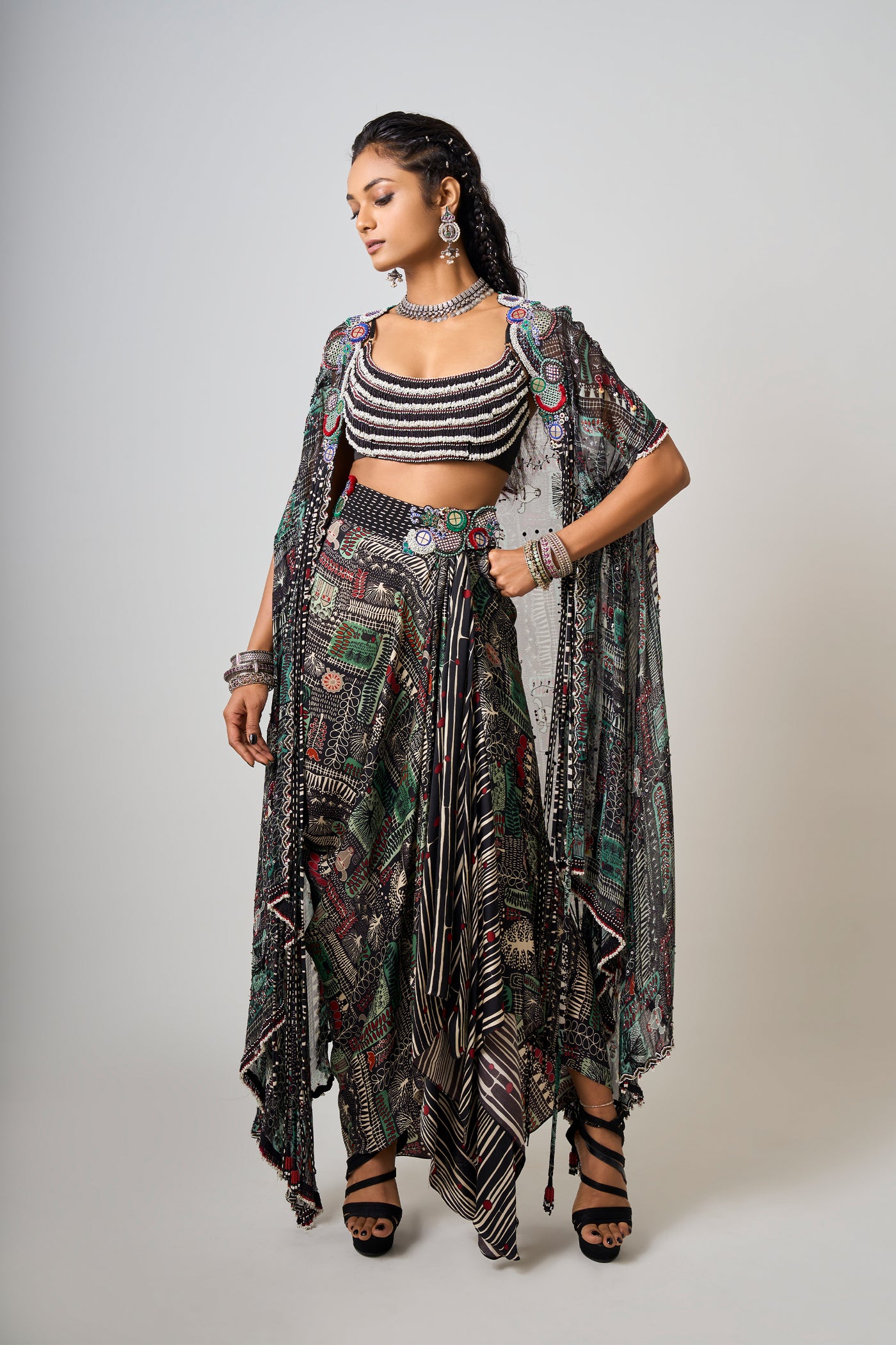 Nupur Kanoi Tribal Cape And Skirt Set indian designer wear online shopping melange singapore
